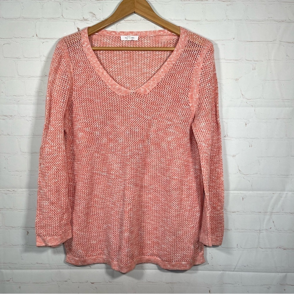 Talbots Open Knit 100% Pima Cotton Sweater Womens Size Large Pink Split Hem